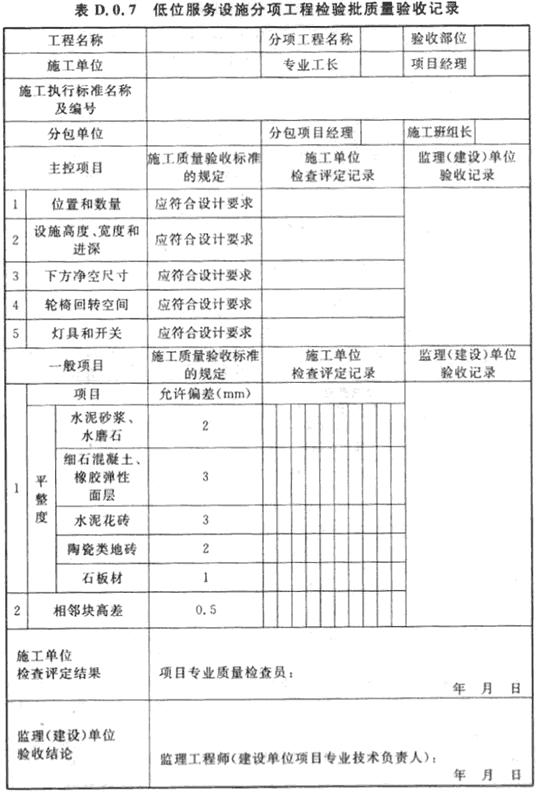 低位服务设施分项工程检验批质量验收记录