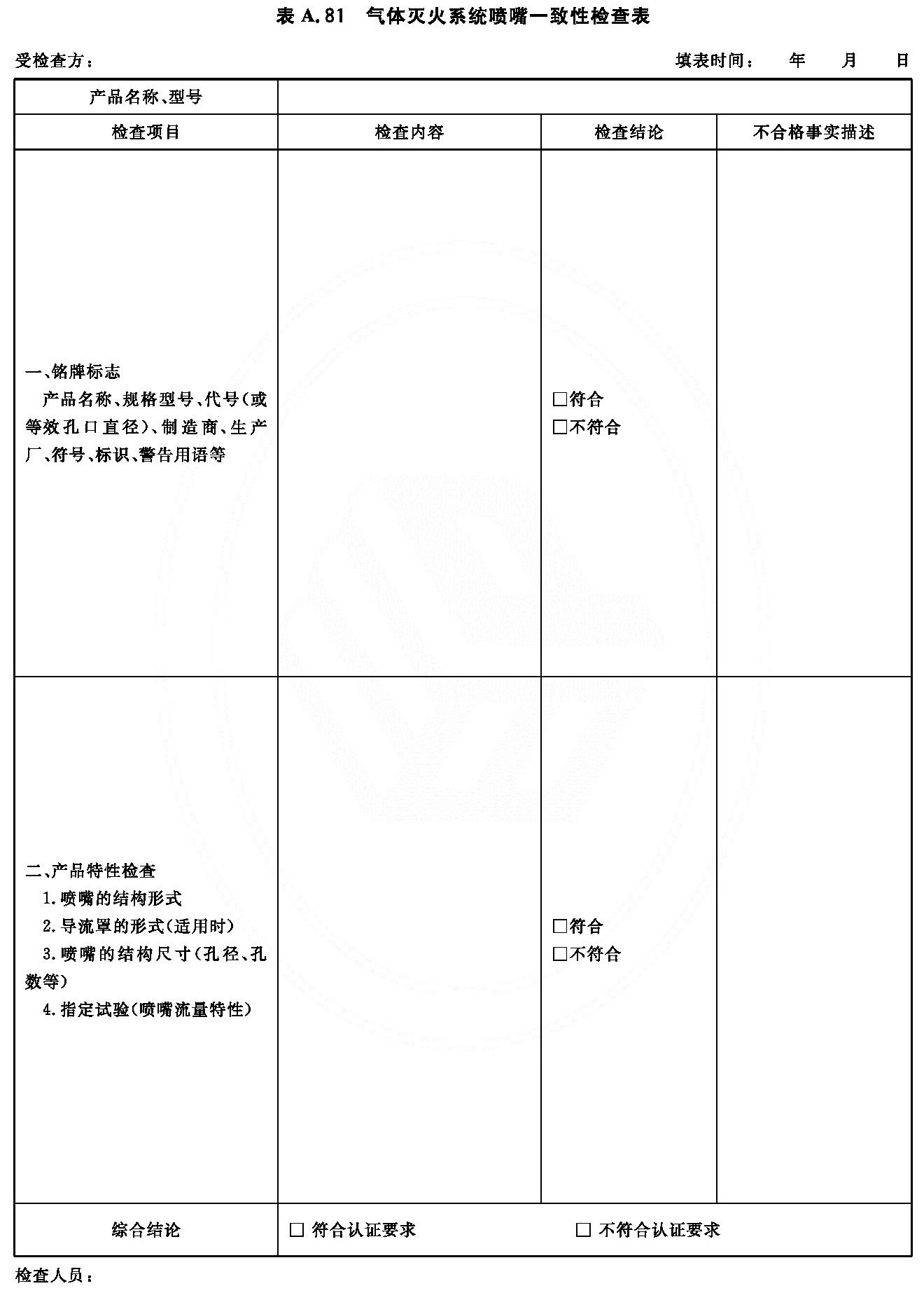 气体灭火系统喷嘴一致性检查表