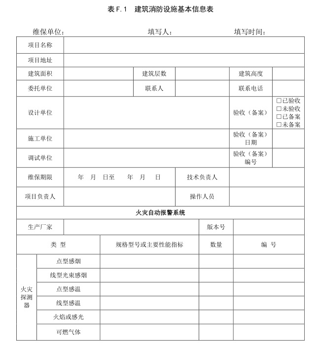 表 F.1 建筑消防设施基本信息表