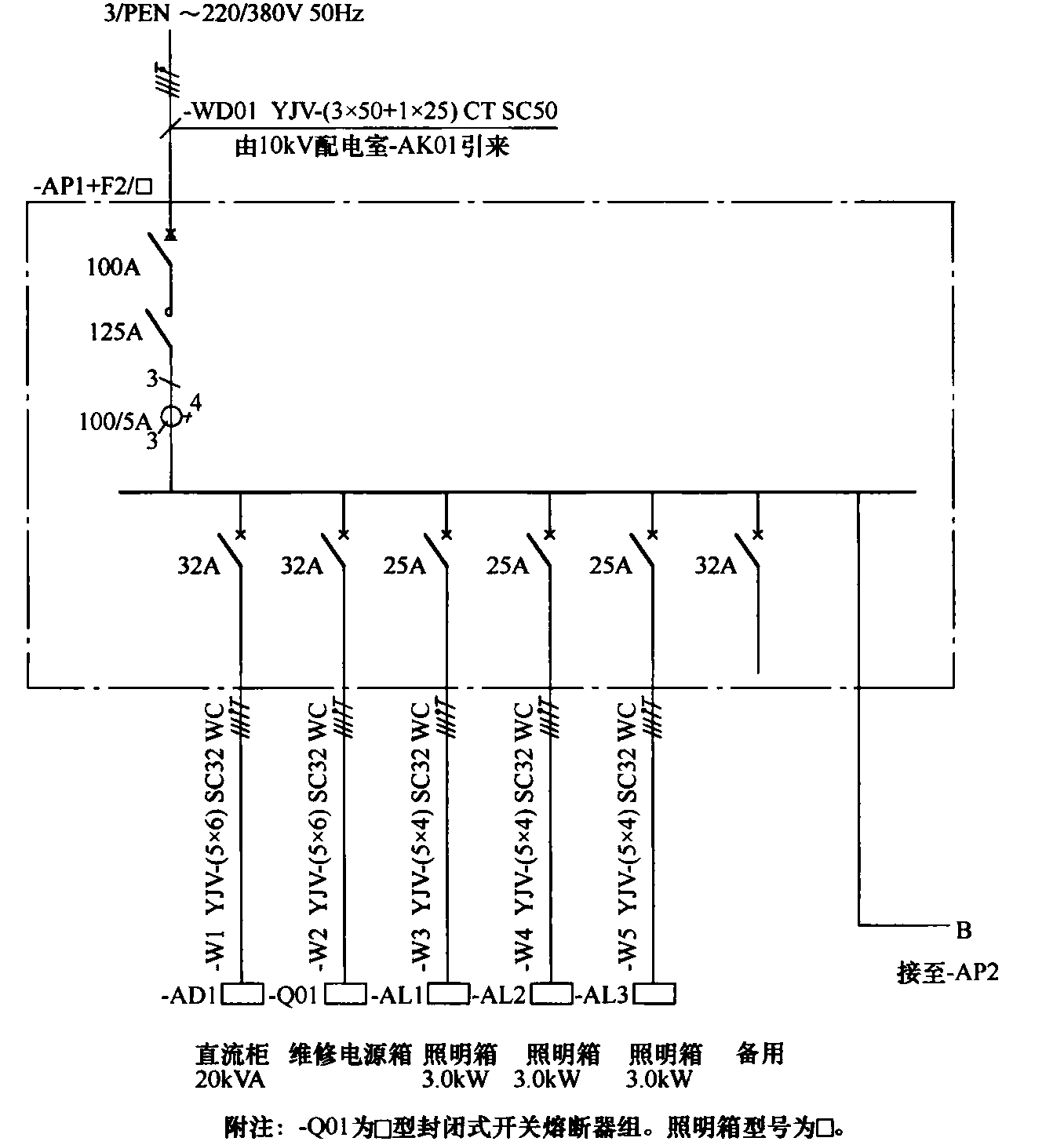 图7 动力配电箱系统图示例(垂直方向表示)