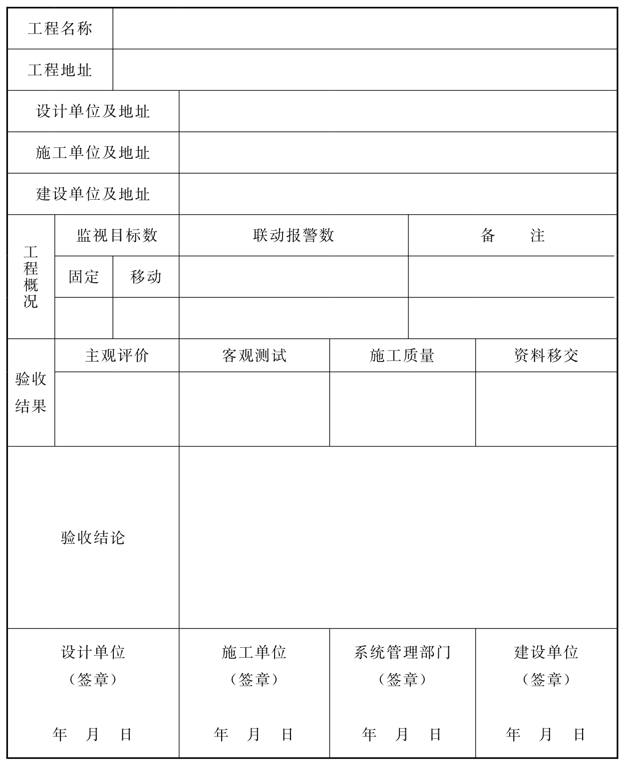 表B  闭路监视电视系统工程验收证书